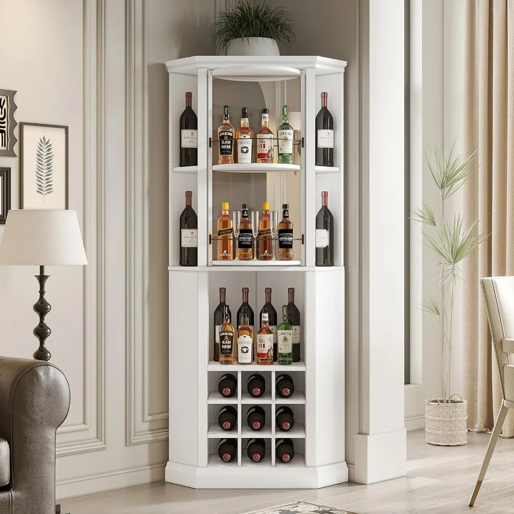 

Modern bar cabinet with rotating glass wine rack, cup holder, dining room, living room, kitchen (white), home bar cabinet