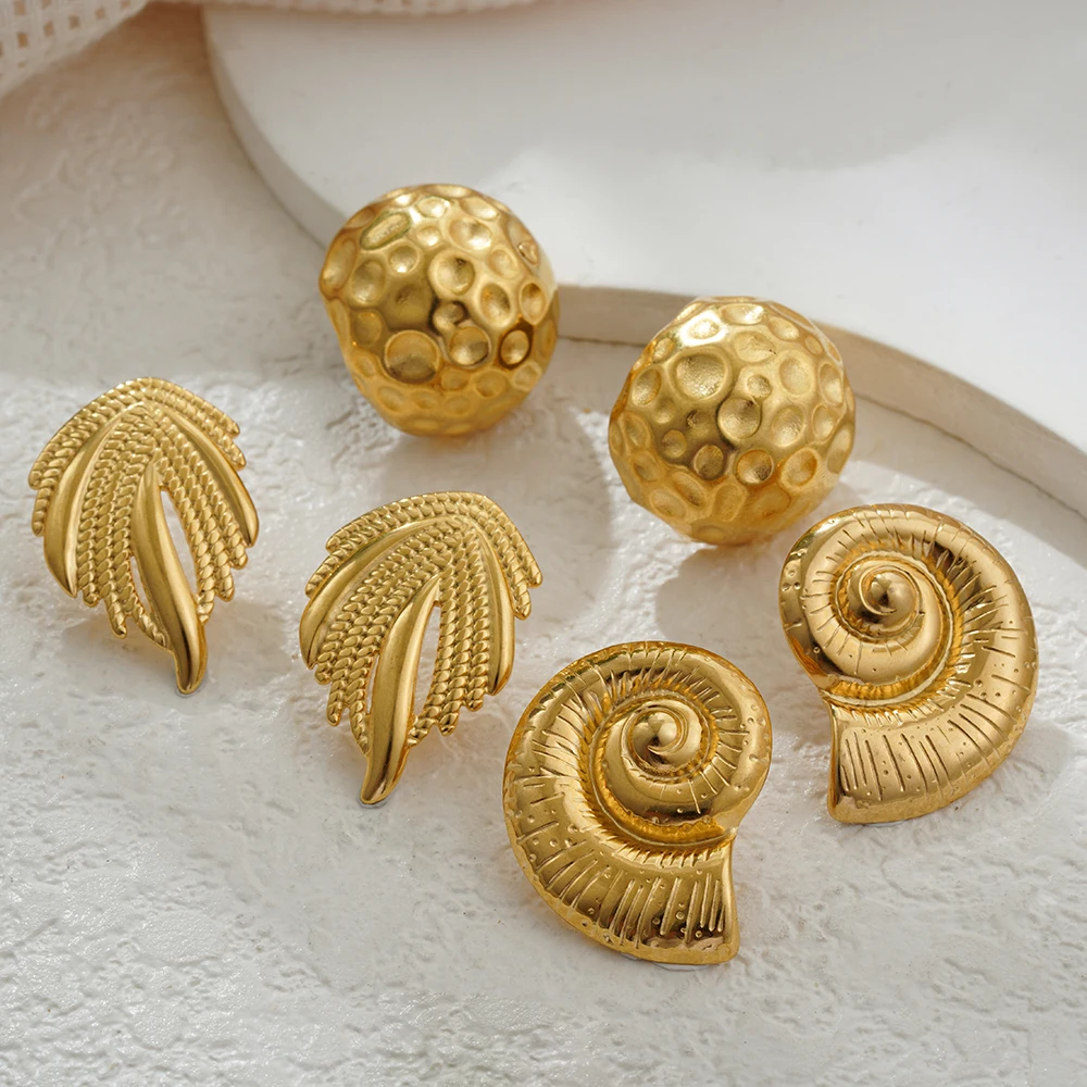 Gold Plated Metal Lava Textured Hemispheres Wing Stud Earrings Unusual Geometric Snail Shell Ear Hoops Stainless Steel Jewelry