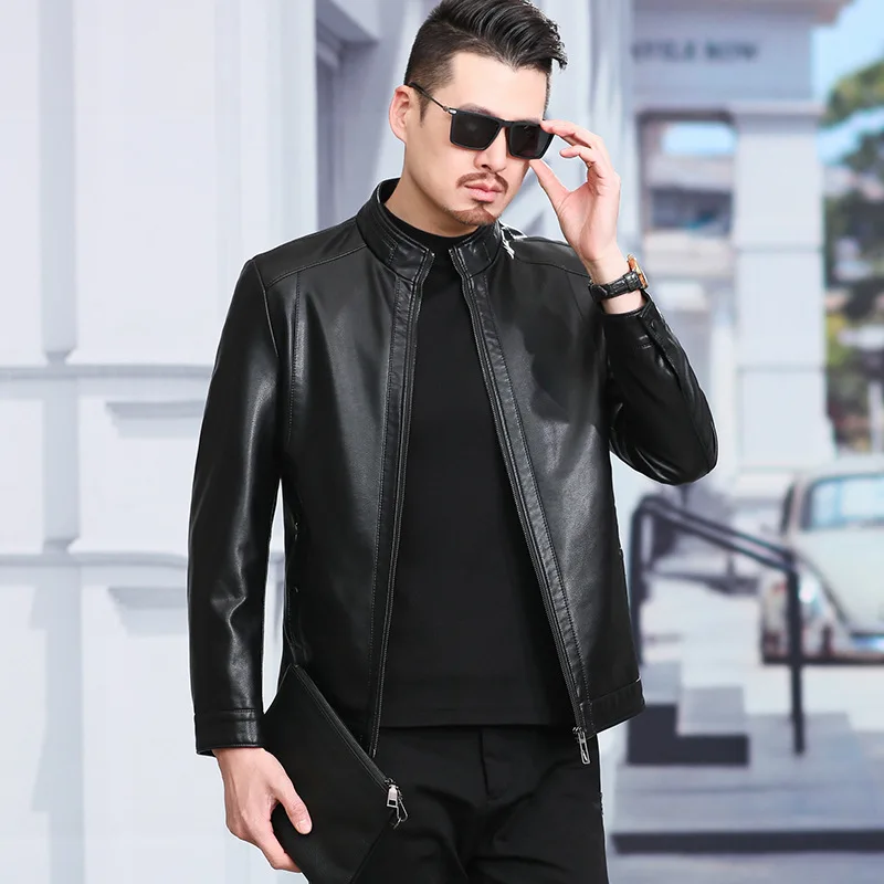 American Casual Leather New Fashion Collar Men's Middle-aged Thin Leather Jacket Spring and Autumn Coat Men