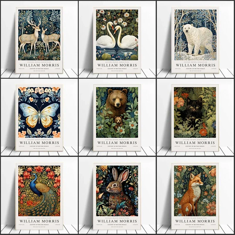 Vintage William Morris Animal Exhibition Poster Prints Canvas Painting Wall Art Deer Cat Owl Peacock Picture for Room Home Decor