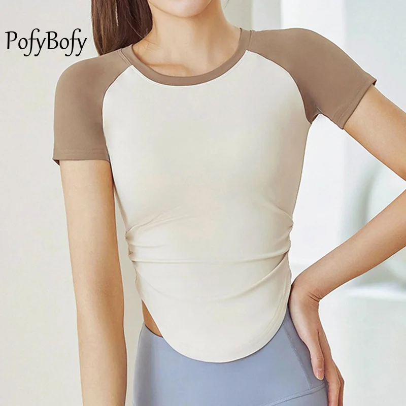 PofyBofy Tummy Slim Fit Splicing Hit Color Side Pleated Crew Neck Short Sleeves Yoga Shirts Softness Fitness Workout Women Tops