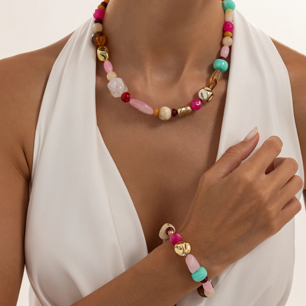 Ingemark 2-teiliges Set Böhmisches Buntes Harz-Acryl-Perlenketten-Halskette und Armband für Damen, Modischer Charme, Y2K-Schmuckset, Geschenke – Detail 2