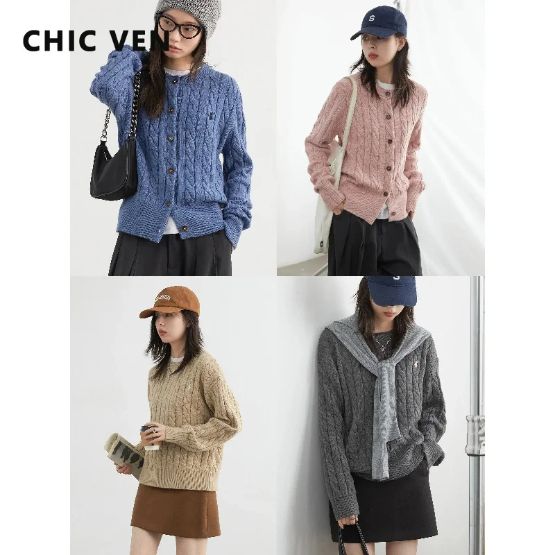 CHIC VEN Koreanische Damen-Strickjacke, locker geschnitten, einfarbig, mit Stickerei, Zopfmuster, Rundhals-Pullover, Herbst Winter 2026
