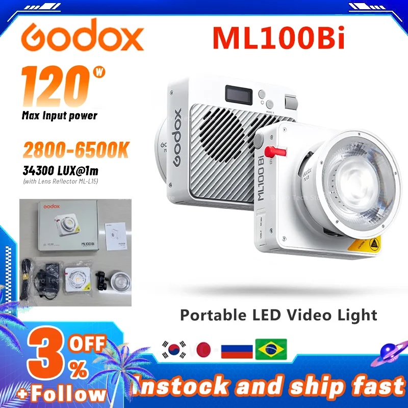 Godox ML100Bi Bi-Color Portable LED Light 120W Onboard & App Control Photography lamp for Video recording, live streaming