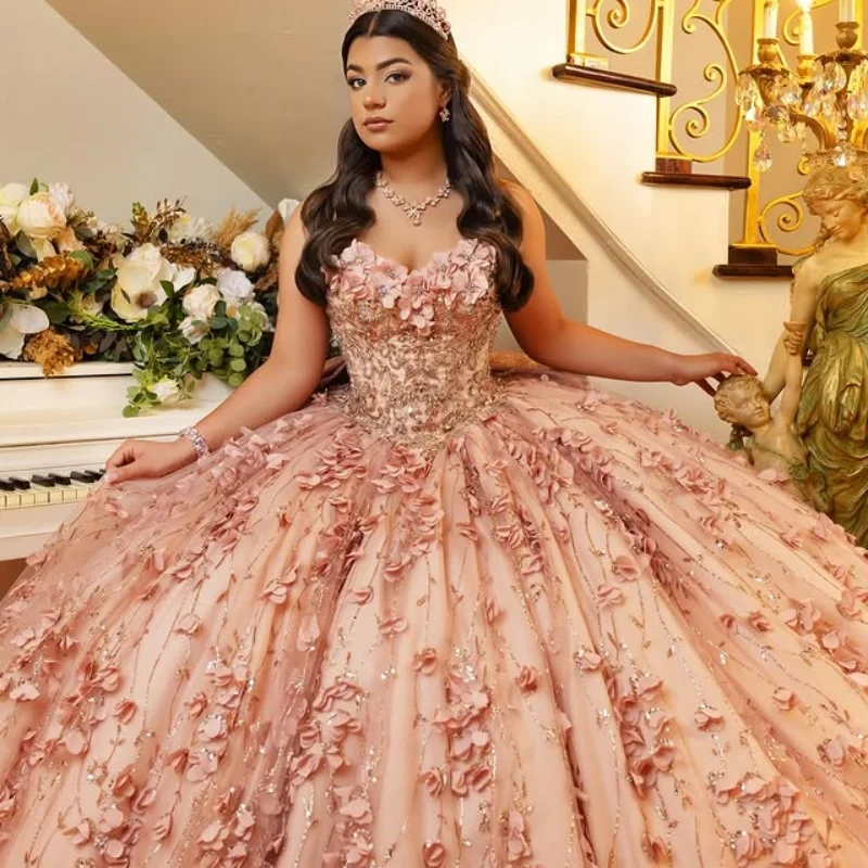 

Customized Shiny Pink Quinceanera Dresses Off the Shoulder crystal applique Lace 3D flower Long tail Vestido 15 Quinceaner