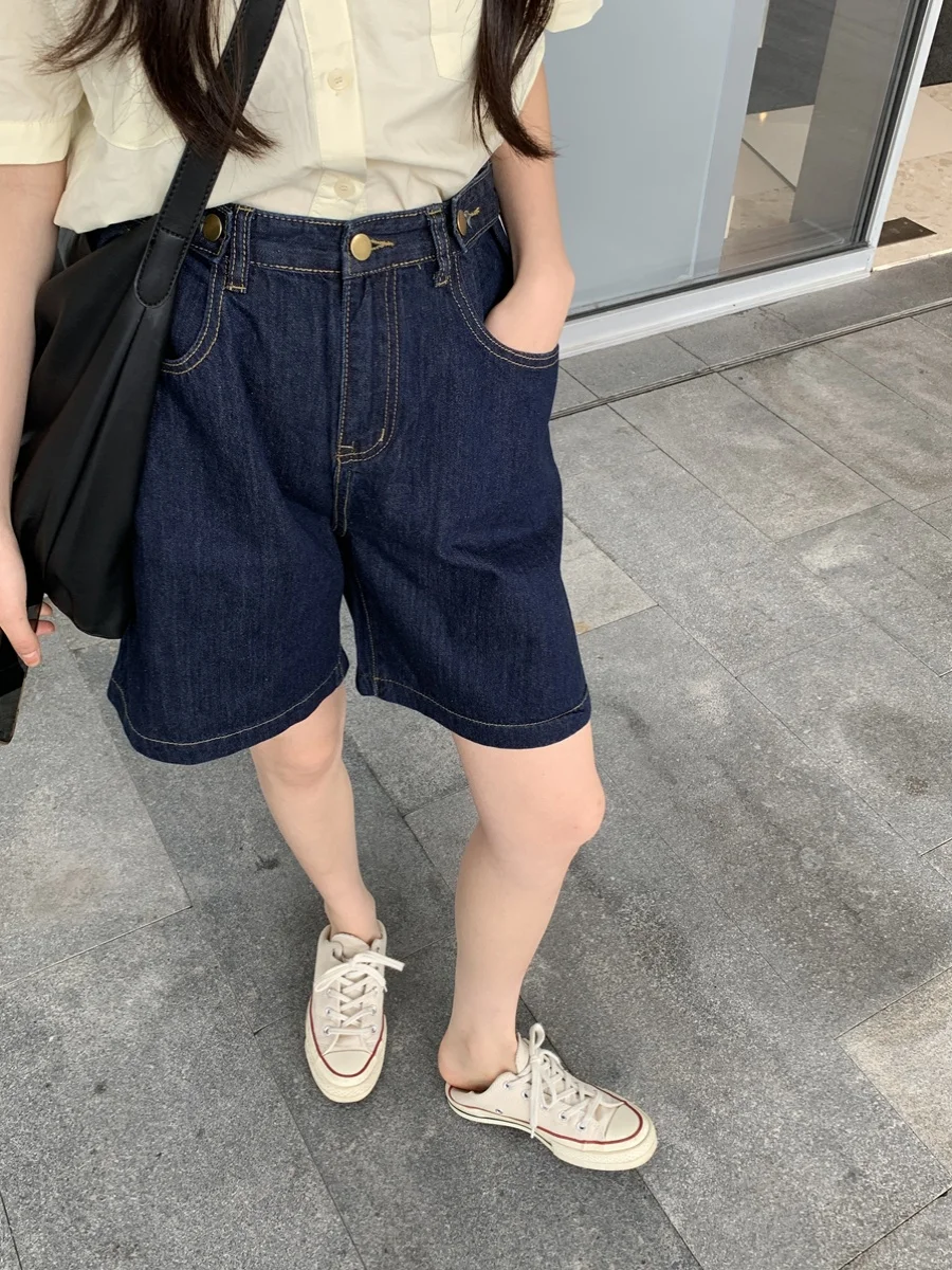 

Deep Blue Denim Five-Quarter Shorts Women's High Waist A-Line Wide Leg Spring Autumn plus Size Slimming High Waist Shorts