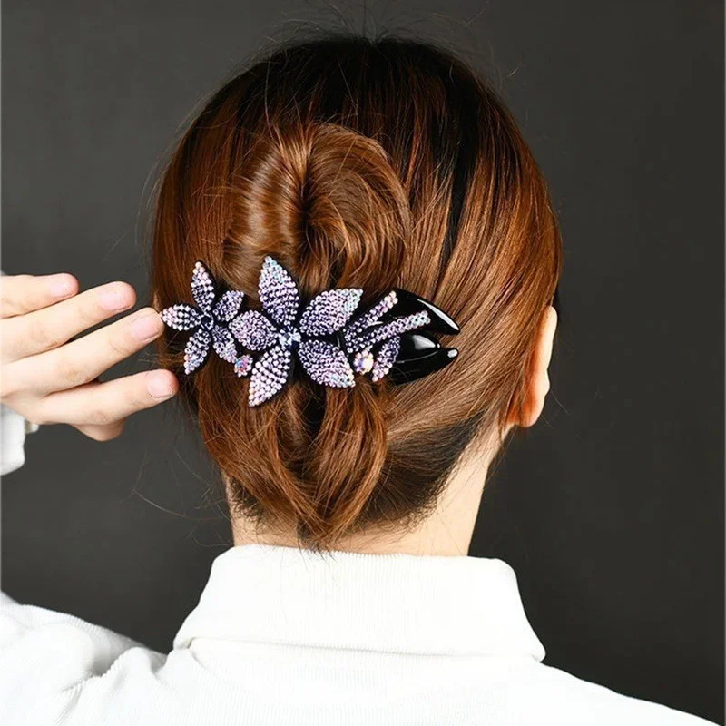 Colorful Rhinestone Hair Clip Double Temperament Ponytail Clip Top Clip Spring Clip for Women Girls Hair Accessories
