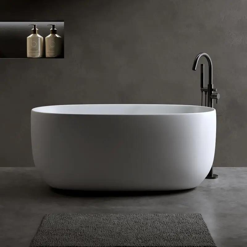 

47-Inch Modern Freestanding Solid Surface Resin Bathtub with Pop-Up Drain and Overflow, Ideal for Small Homes