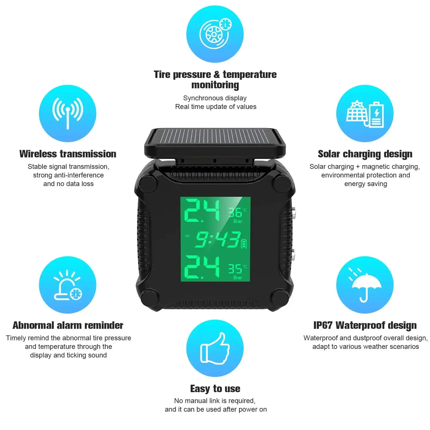 Motorcycle Solar Charge Tyre Temperature Alarm Sensor Tire Pressure Monitoring System Colorful Display Wireless TPMS