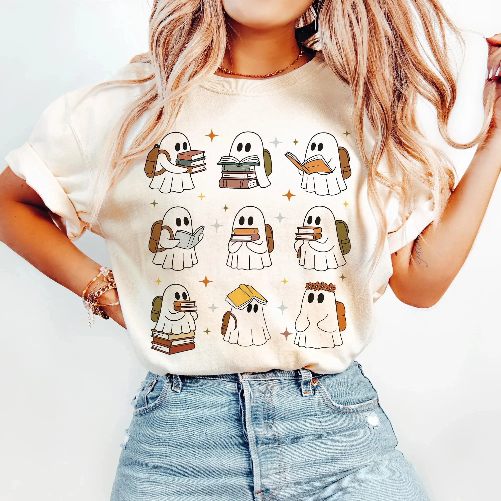 Ghost Reading Books Shirt Bookish Halloween Shirt Teacher Librarian Halloween Gift Halloween Book Lover Oversized Y2k Clothes