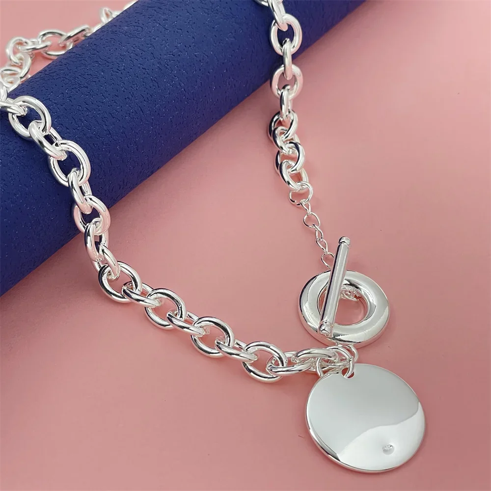 

925 Sterling Silver Round Pendant Necklace, TO Clasp 45CM, Women Couple Simple Luxury Wedding Birthday Jewelry Gift