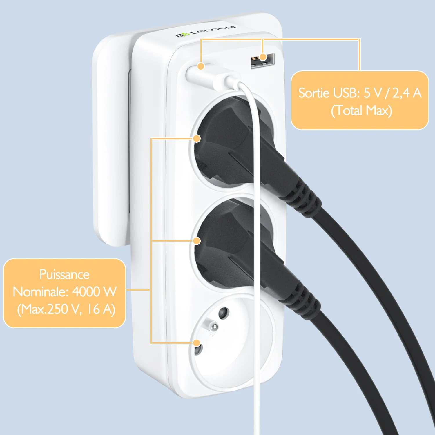 LENCENT FR to EU Multiple Wall Socket with 3 AC Outlets  and 2 USB Ports 6 in 1 Adapter  Overload Protection for Home/Office