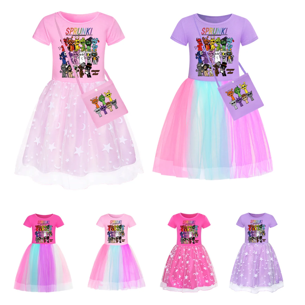 Cute Sprunki Cartoon Clothes Kids Short Sleeve Princess Vestidos Baby Girls Casual Dresses&Bag Children Birthday Party Outfits