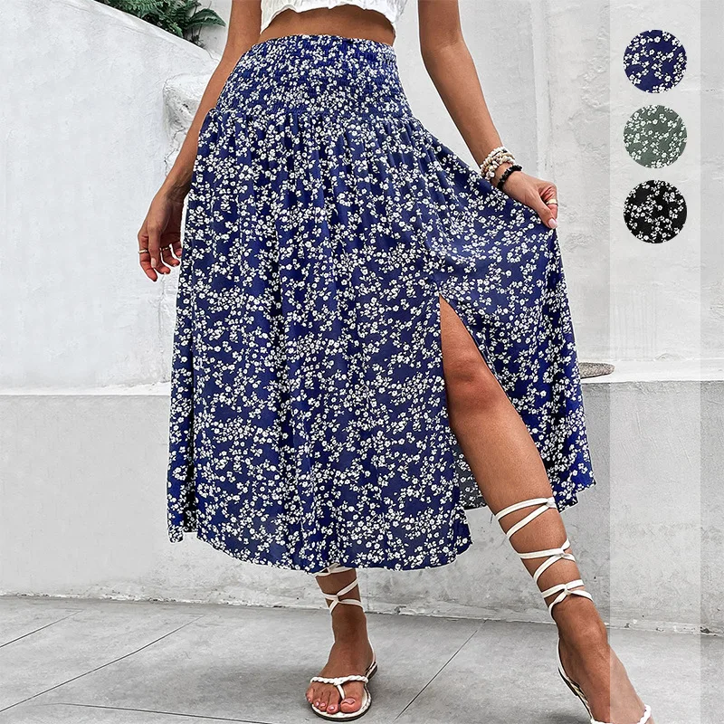 Mid Length Skirts Women Skirt A Line Slim Streetwear Maxi Y2k Elegant Splice Print Floral Casual High Waist Beach Summer 2025