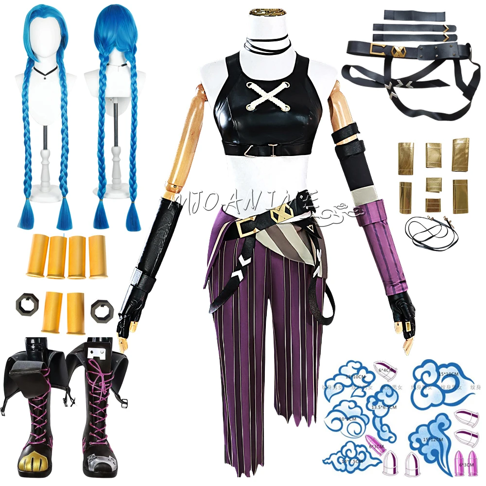 in stock LOL Jinx Cosplay Costume Anime LOL Arcane Jinx Cosplay outfit  Halloween Suit Halloween Costume jinx  wigs shoes