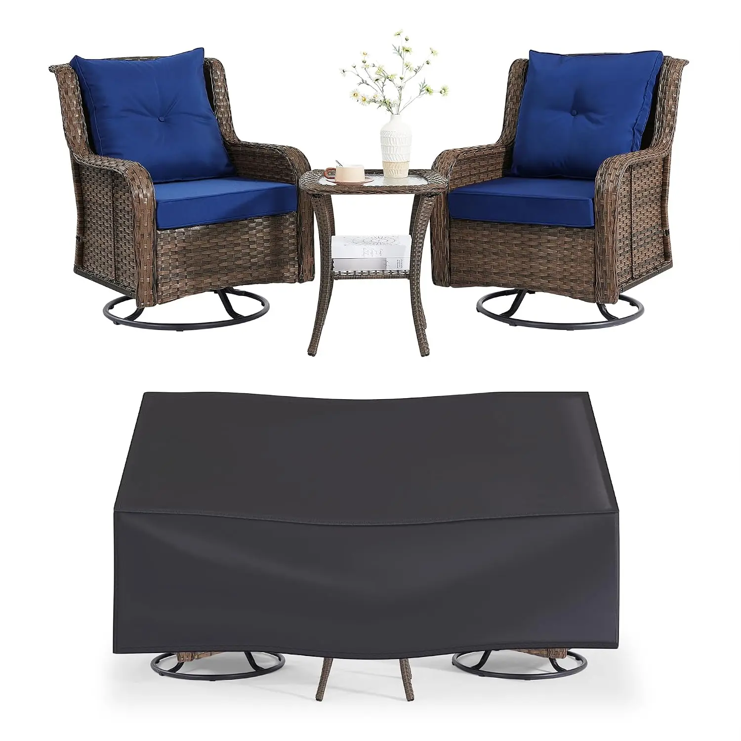 3-Piece Wicker Patio Set 360° Swivel Rocking Chairs Rattan Side Table Garden Porch Backyard Brown Blue, Customized