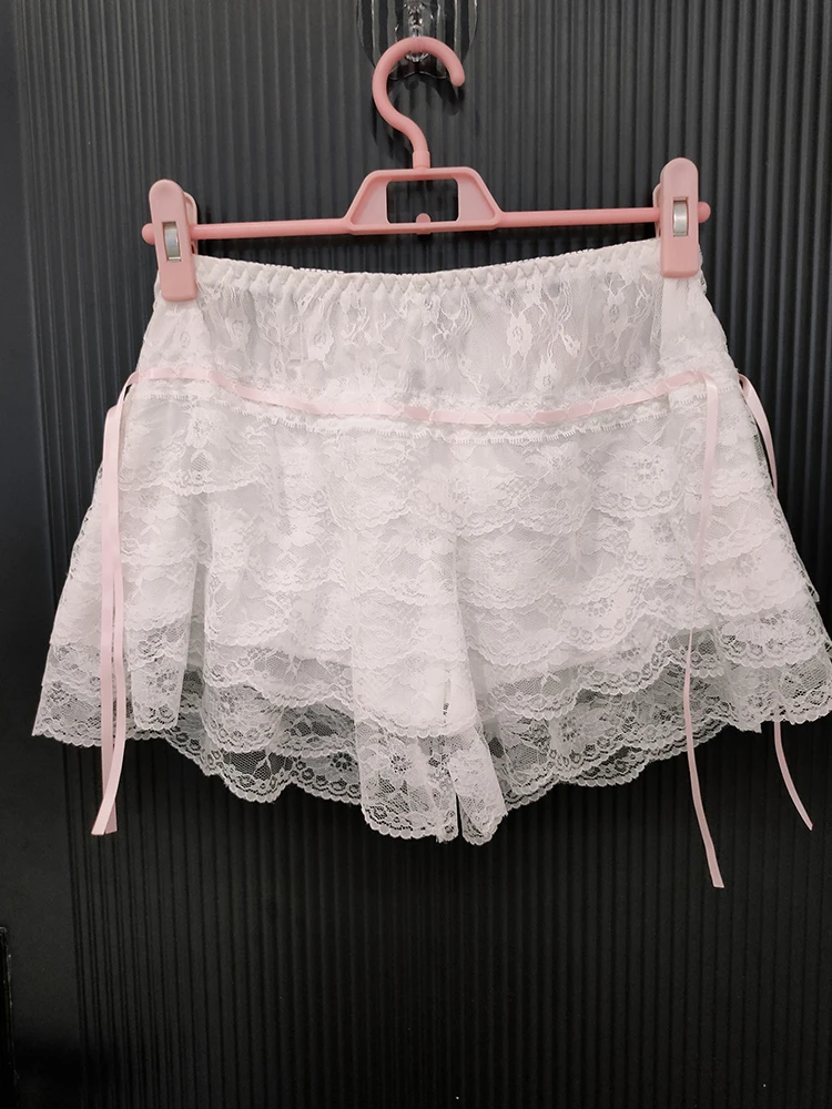 Cute Lace Shorts Lolita Safety Short Pants for Sweet Girls Elastic Waist Pink Bow Multilayer Bottoming Shorts Underwear