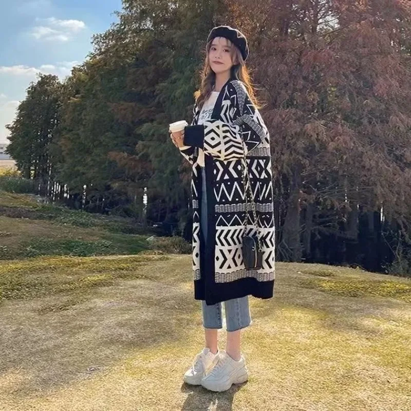 

Модный женский осенне-зимний ленивый шикарный вязаный кардиган, свитер, пальто, верхняя одежда, свободная утягивающая модная одежда средней длины