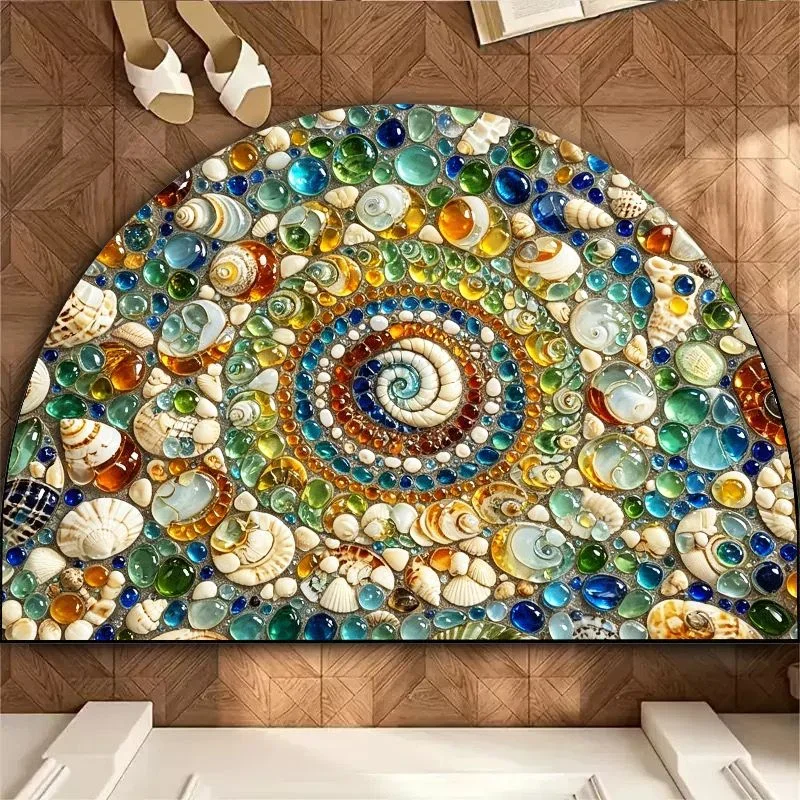 VIKAMA Half Round Sea Shell Mosaic Spiral Doormat 3D Visual Non Slip Absorbent Front Door Mat Coastal Beach Decor Rug