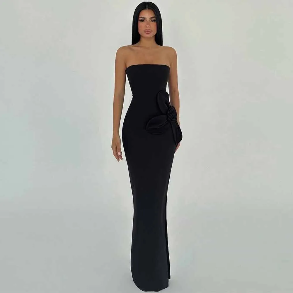 

Modern Prom Dresses for Ladies 2025 Crepe Fabric Sheath/Column Valentine's Day Dress Black Strapless Applique Party Dresses Long