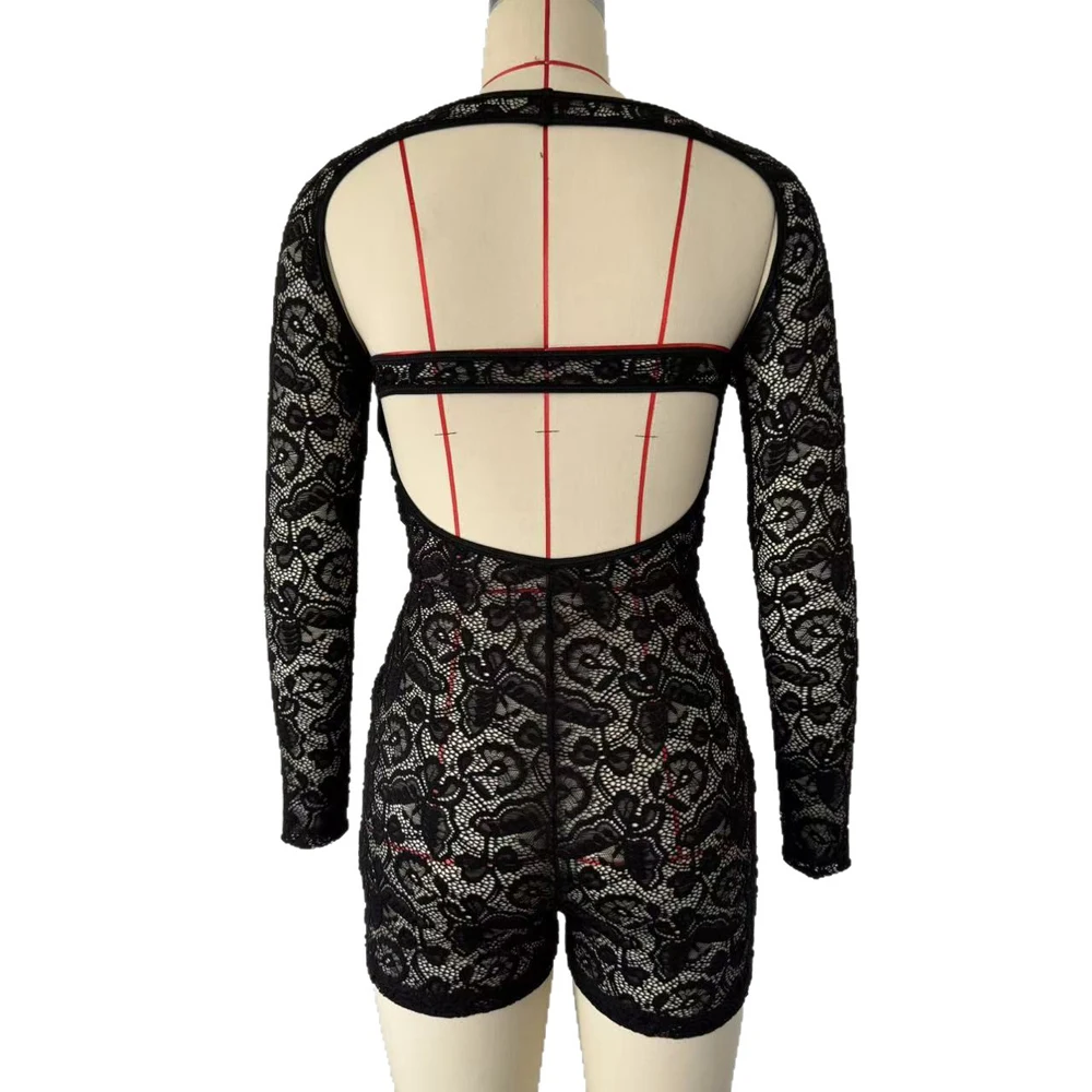 Sexy Spitzen-Cutout Langarm-Romper für Damen mit Hohlen Metallringen, Transparenter Bodycon-Kurz-Jumpsuit für Nachtclub-Party-Lingerie-Outfit – Detail 10