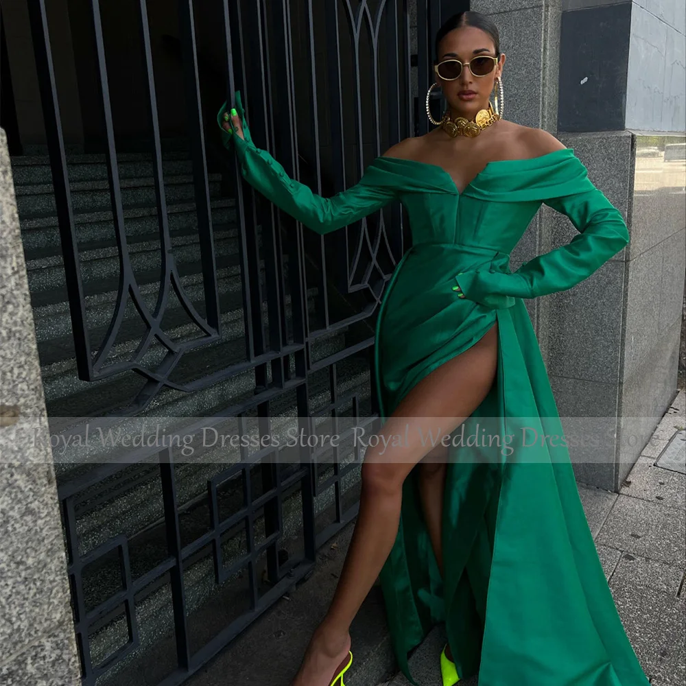 Emerald Green Evening Dress Long Sleeves Off the Shoulder Sexy Party Gowns High Slit Drapd Mermaid/Trumpet Women\'s Prom Robe