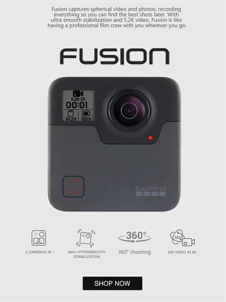 

GoPro Fusion 360 ° Профессиональная спортивная камера с всенаправленной съемкой, 5.2K, интеллектуальная, высококачественная, компактная, ударопрочная камера