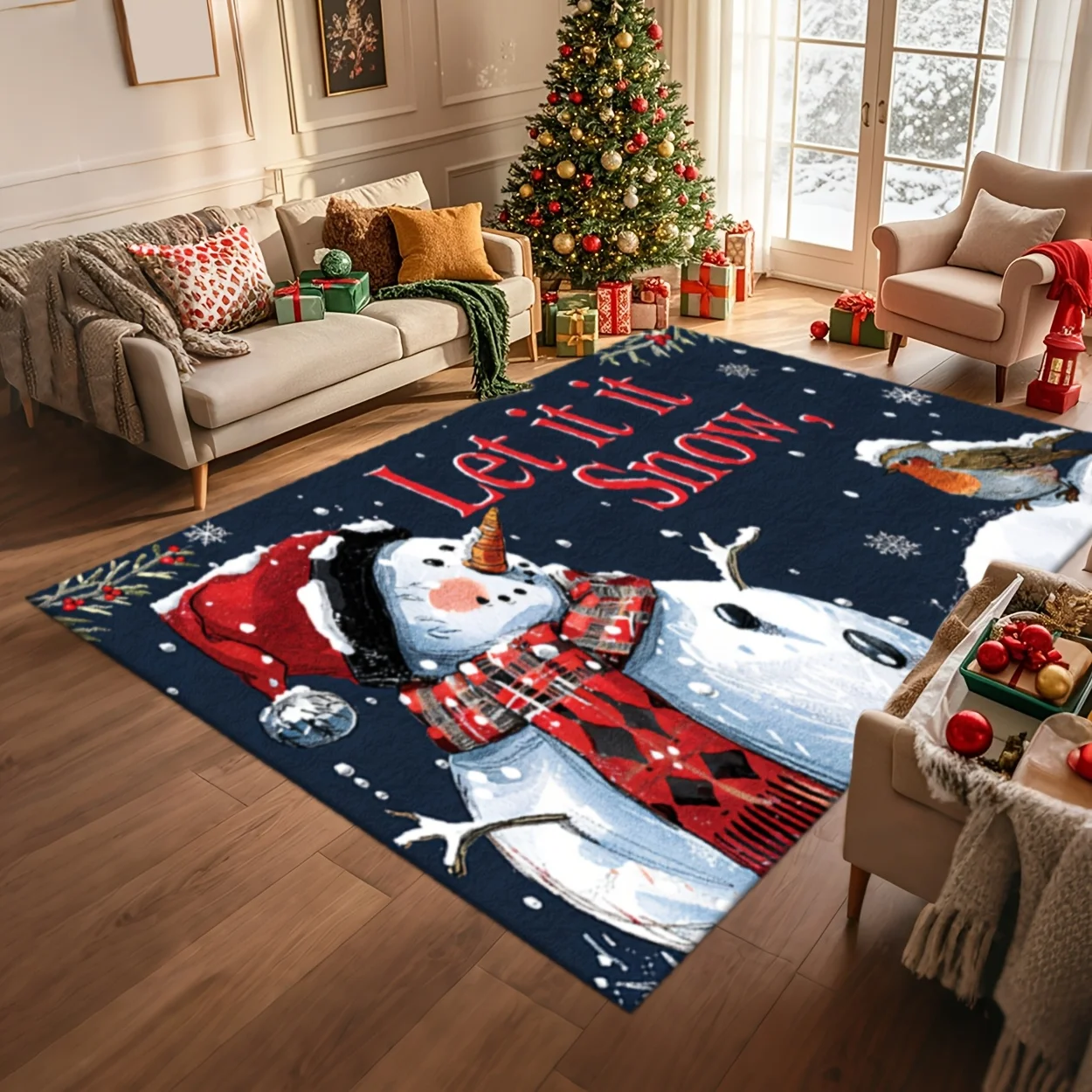 Christmas Snowman Robin Bird Print Decor Rug, 