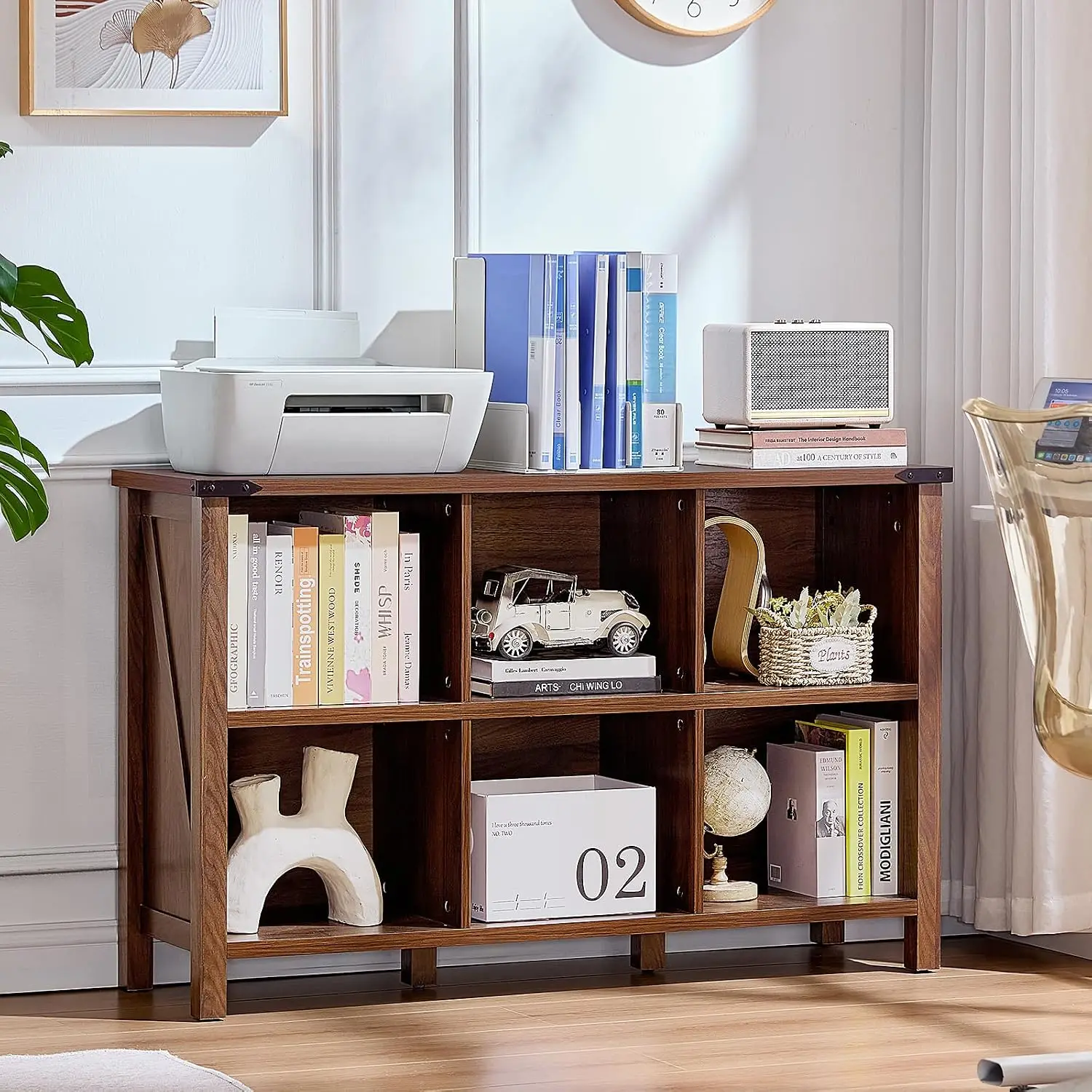 6 Cube Wood Storage Organizer Bookshelf, 3 Tier Horizontal Cubby with Legs, 47