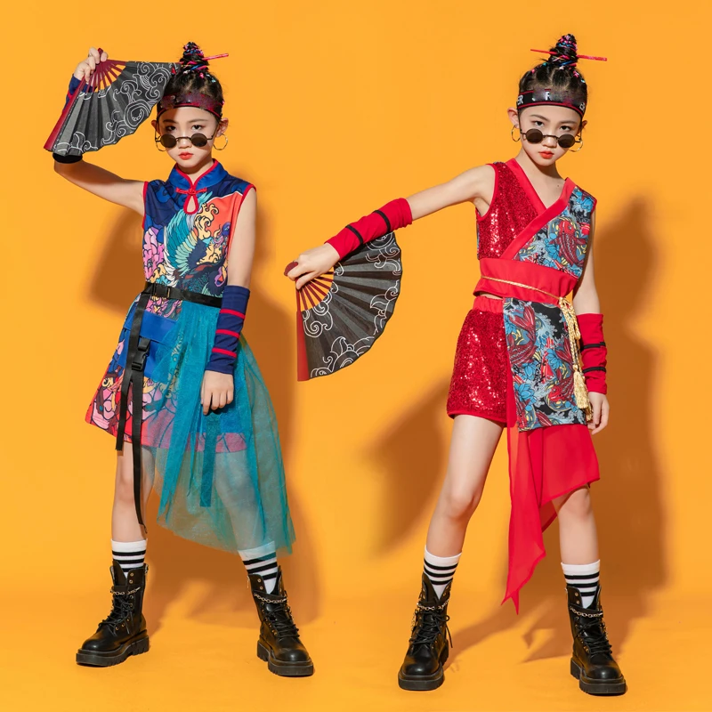 Traje de dança estilo chinês para crianças, roupas de hip hop, maré nacional, jazz, desfile de modelos, meninas e meninos, cheongsam