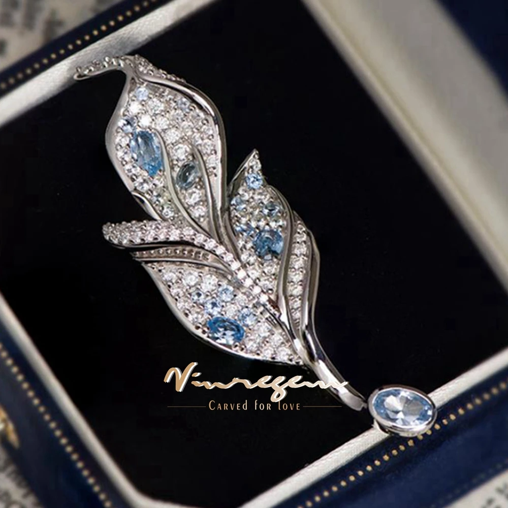 Vinregem Sea Blue Spinel High Carbon Diamond Gemstone Sparkling Feather Brooches for Women 100% 925 Sterling Silver Fine Jewelry