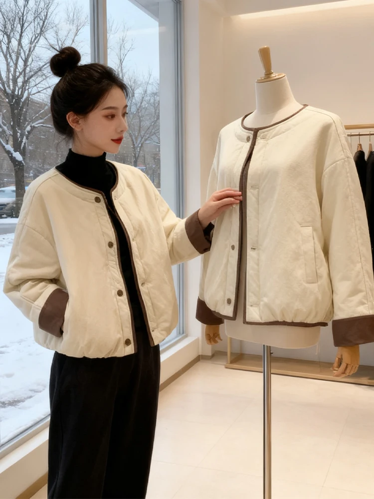 

Корейское модное зимнее хлопковое пуховое пальто свободного кроя для женщин, длинное, с круглым вырезом, на одной пуговице...