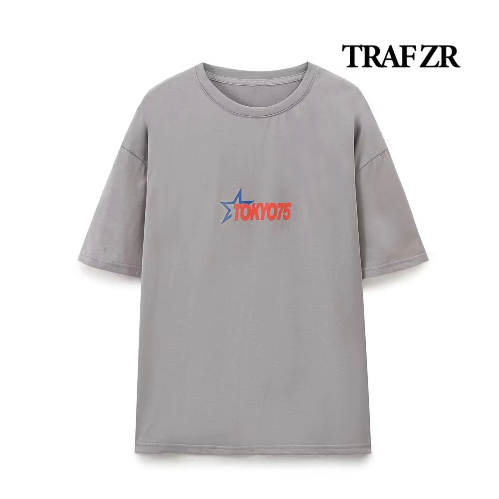 

TRAF ZR High Street O-NECK Loose Women's T-shirts Aesthetic Oversize Text Print Short Sleeve Tees Woman 2024 Washed Effect Tops