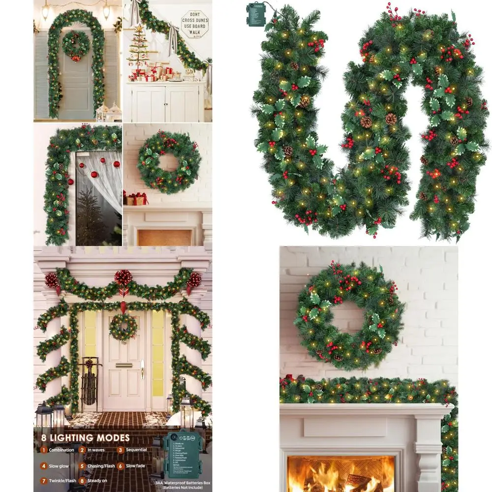 

9-футовая 100-светодиодная водонепроницаемая рождественская гирлянда с сосновыми шишками и ягодами, 8 режимами освещения и таймером для уличной лестницы и камина