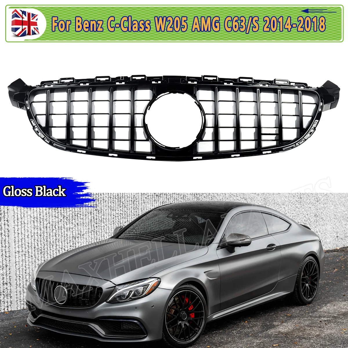 FRONT GT STYLE GRILLE FOR MERCEDES W205 C205 A205 AMG C63 S C Class ONLY 2014 2015 2016 2017 2018 Gloss BLACK Racing Grills
