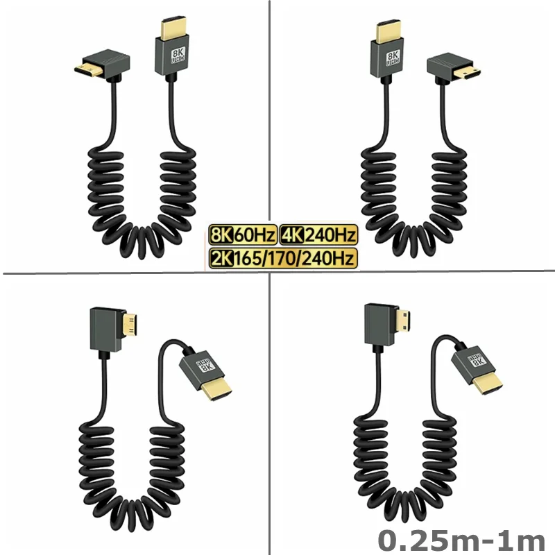 For HDTV Computer Laptop Monitor Mini HDMI-compatible 2.1 Male to HDMI Male 8K 60hz Stretch Coiled Cable Right Angled 90 Degree