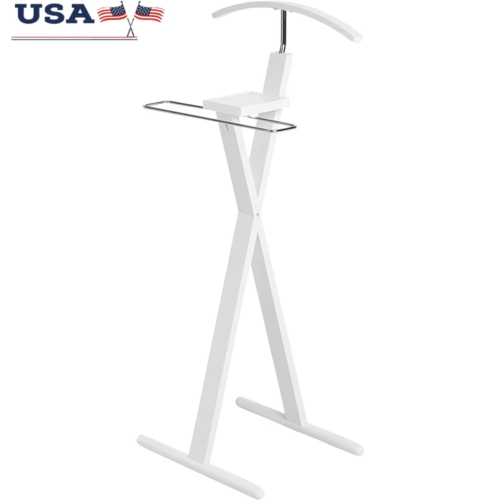 

Modern Decorative Valet Stand with Bentwood Hanger Chrome Trouser Bar Convenience Tray Bedroom Entryway Closet Organization