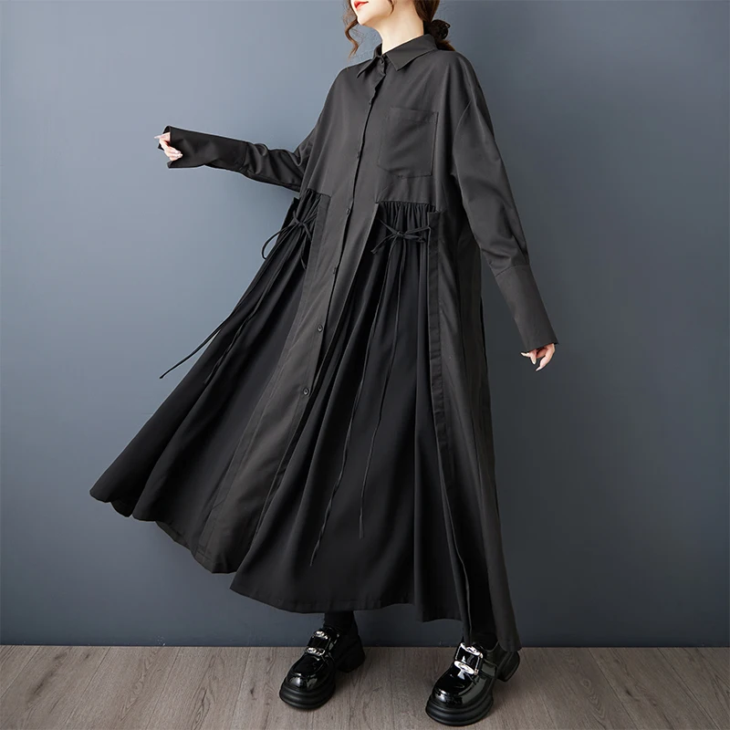 Loose Fit Long Sleeve Shirt Dress Dark Style Asymmetrical Waist High Polyester Fiber Summer Casual High Waist Long Skirt 3