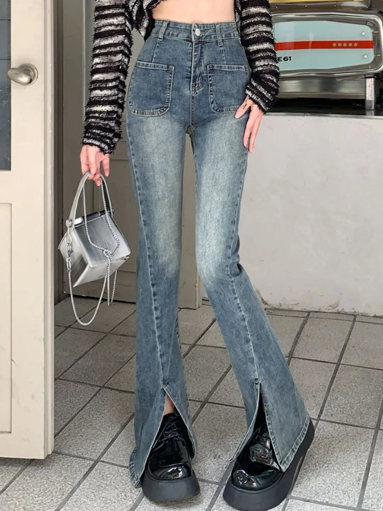 

Autumn Elegant Designer Flare Pants Women Open Fork Casual Fashion Slim Jeans Female Pockets Blue Korean Vintage Pants 2023 New