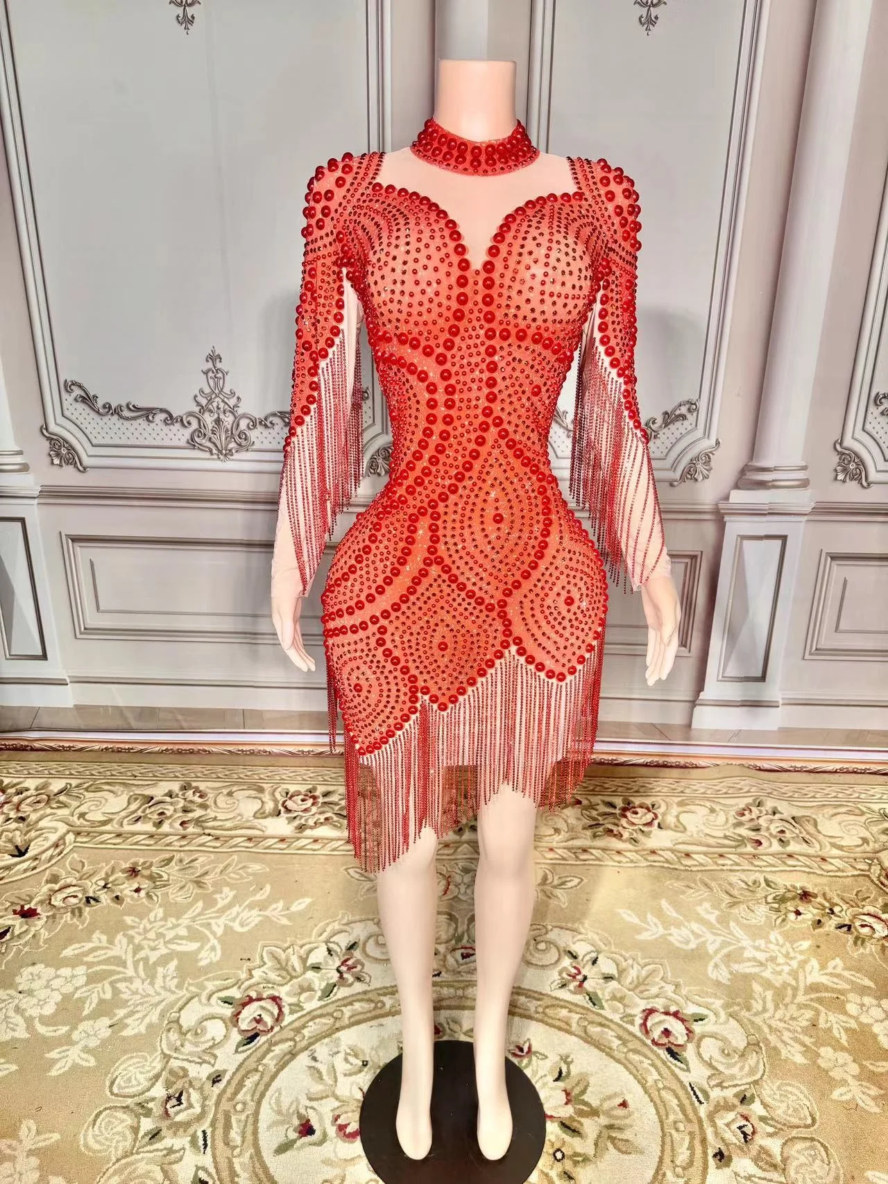 Sexy Women New Skinny See Through Nightclub Party Dance Diamonds Crystal Red Peals Floral Tassels Dress