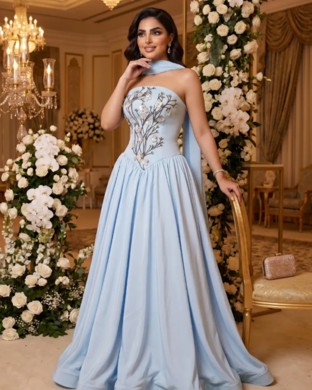 Customized Fashion Women Jersey Handmade Flower Ruched A-Line Evening Dress Classic Strapless Sleeveless Floor Lenght Party Gown