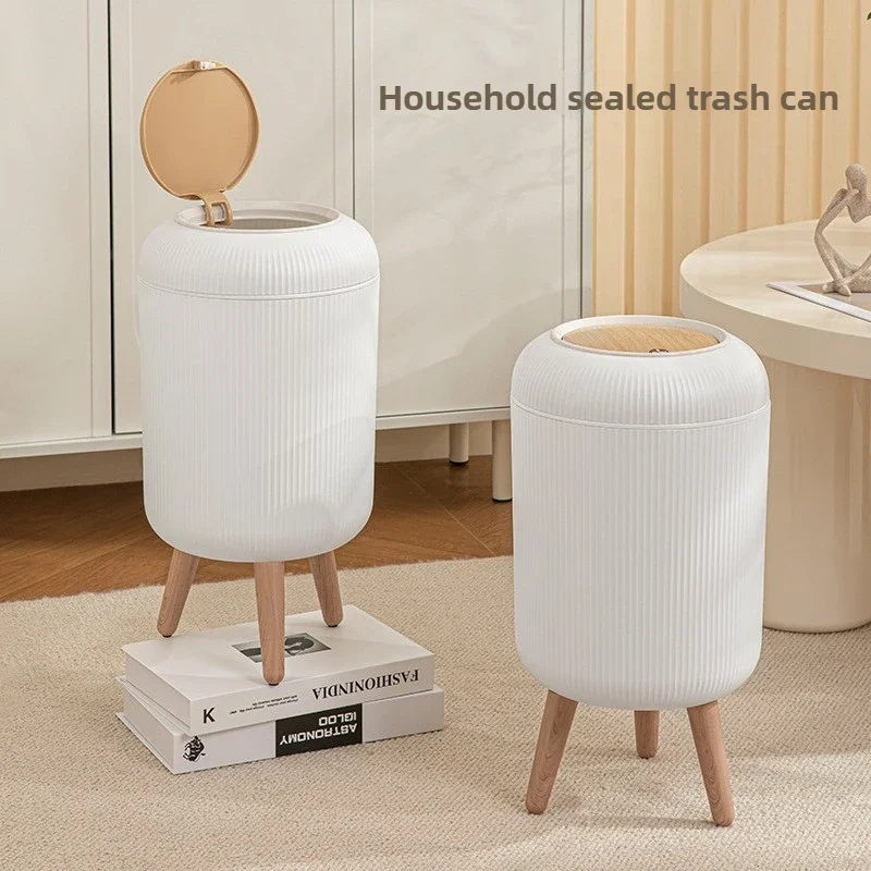 High Foot Press Trash Can with Wood Grain Cover, Removable Legs for Kitchen Bathroom Office Home Use