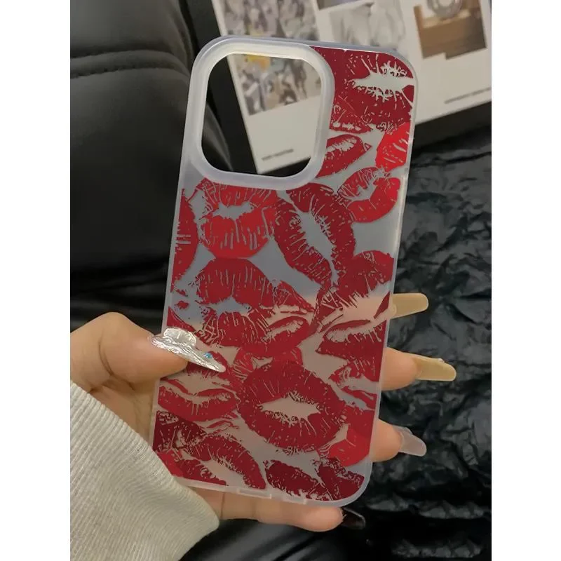 Red lip print Sexy Bright Personality Cute Matte Phone Case For iPhone 16 E 15 14 13 12 11 Pro XS Max 7 8 Plus MINI Y2K Cover