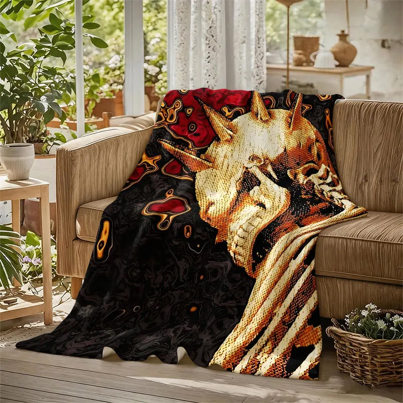 Golden Skull Crown Ribs Red Flannel Blanket Perfect for Sofa Office Bed Travel Sleep Read Relax Camping Four Season Use