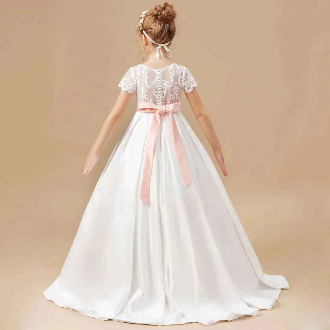 فساتين فتاة الزهور المخصصة مزينة بالساتان الأبيض مع فيونكة وأكمام طويلة لحفلات الزفاف وأعياد الميلاد والمناولة المقدسة #2
