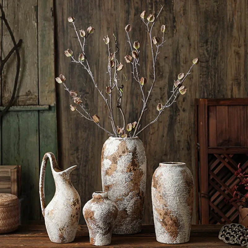 Retro Wabi Sabi Silent Wind Ceramic Vase Mottled Old Coarse Pottery Flower Arrangement Ornament for Porch TV Cabinet Homestay