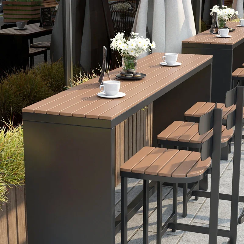 Outdoor courtyard garden open-air bar table and chair combination casual waterproof sunscreen plastic wood outdoor coffee shop l