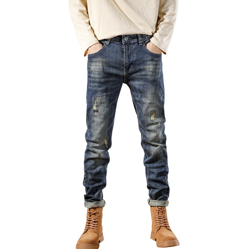 Designer Street Fashion Embroidered Men's Jeans Vintage Blue Elastic Slim Fit Ripped Small Straight Leg Jeans Hombre