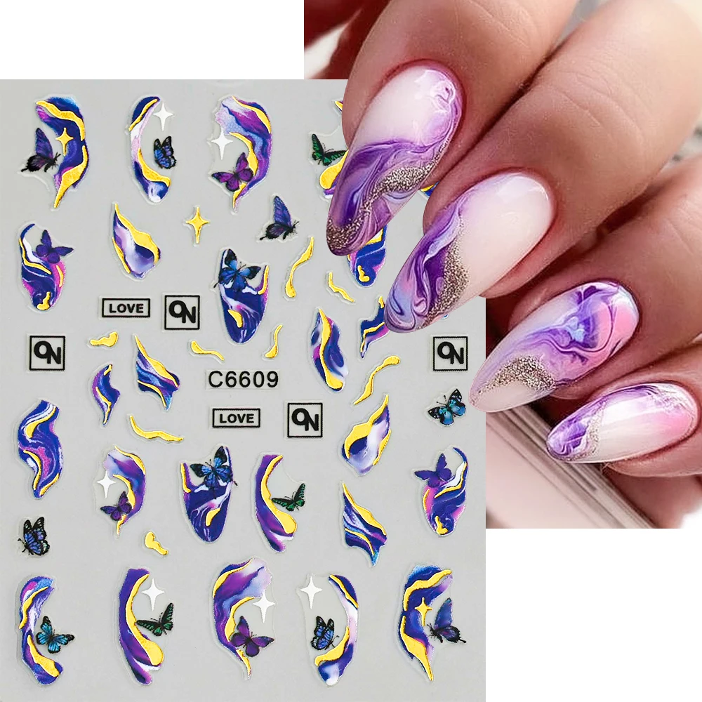 1Pcs Blooming Ink Design Nail Art Stickers Bronzing Purple/Blue Marble Nail Art Decals Abstract Lines 3D Stickers Nail Art Decor