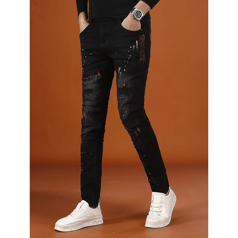 Уличные красивые мужские брюки, модный принт с краской, повседневная стрейч, маленькие ноги, ностальгические рваные джинсы в стиле ретро.